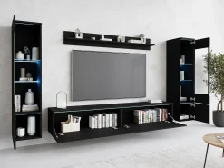 Móvel De Tv* Conjunto de móveis para sala com LED 4 elementos – rack 180 cm, 2 vitrines e prateleira, composição de parede de pé ou suspensa fosco Preto