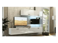 Móvel De Tv*Price Factory Conjunto de móveis para sala de estar e preto, suspensos, coleção CEPTO XXV. 249cm, 6 móveis, com LEDs, modulares. Branco
