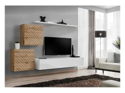 Móvel De Tv*Price Factory Conjunto de móveis para sala de estar SWITCH V, cores carvalho e branco com acabamentos em carvalho fresado e branco brilhante. Castanho