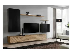 Clearance Price Factory Conjunto de móveis para sala de estar SWITCH II design, nas cores e carvalho wotan. Acabamentos em brilhante efeito e carvalho fresado. Preto