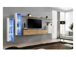 New Price Factory Conjunto de móveis para sala de estar SWITCH XI, design de parede, na cor carvalho Wotan e branco brilhante. Castanho