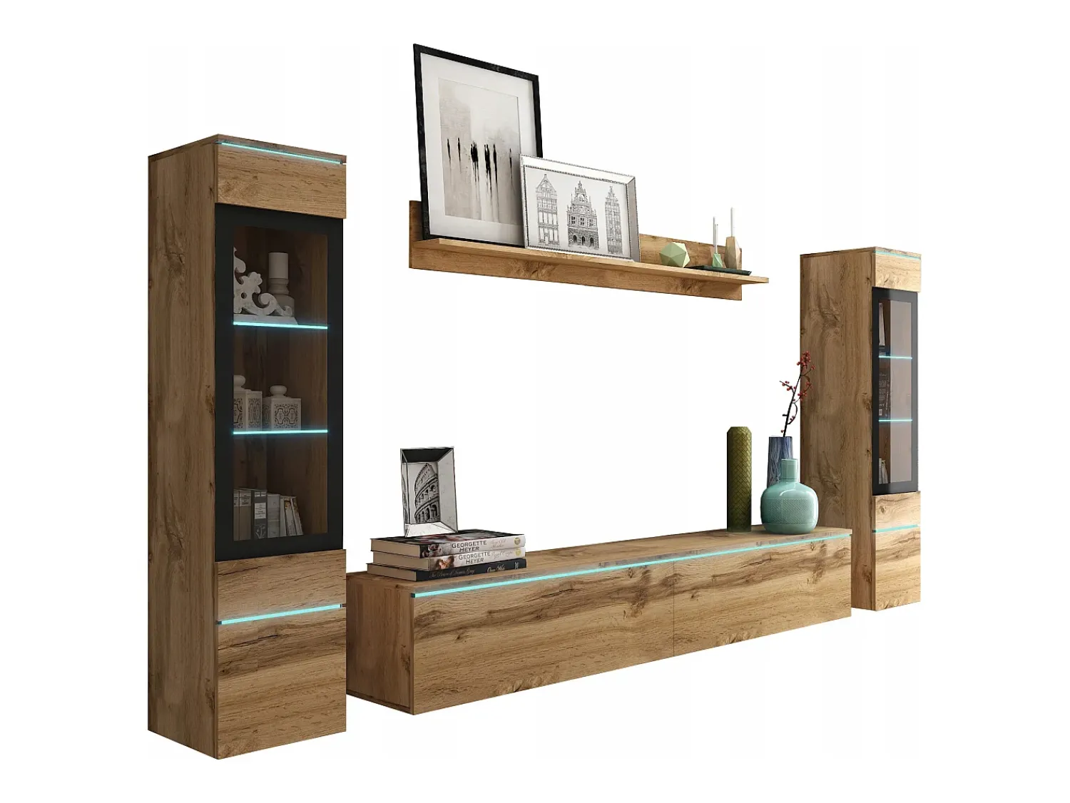 Sale Conjunto de móveis para sala com LED 4 elementos – rack 180 cm, 2 vitrines e prateleira, composição de parede de pé ou suspensa carvalho Wotan Natural escuro