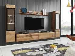 Sale Conjunto de móveis para sala com LED 4 elementos – rack 180 cm, 2 vitrines e prateleira, composição de parede de pé ou suspensa carvalho Wotan Natural escuro
