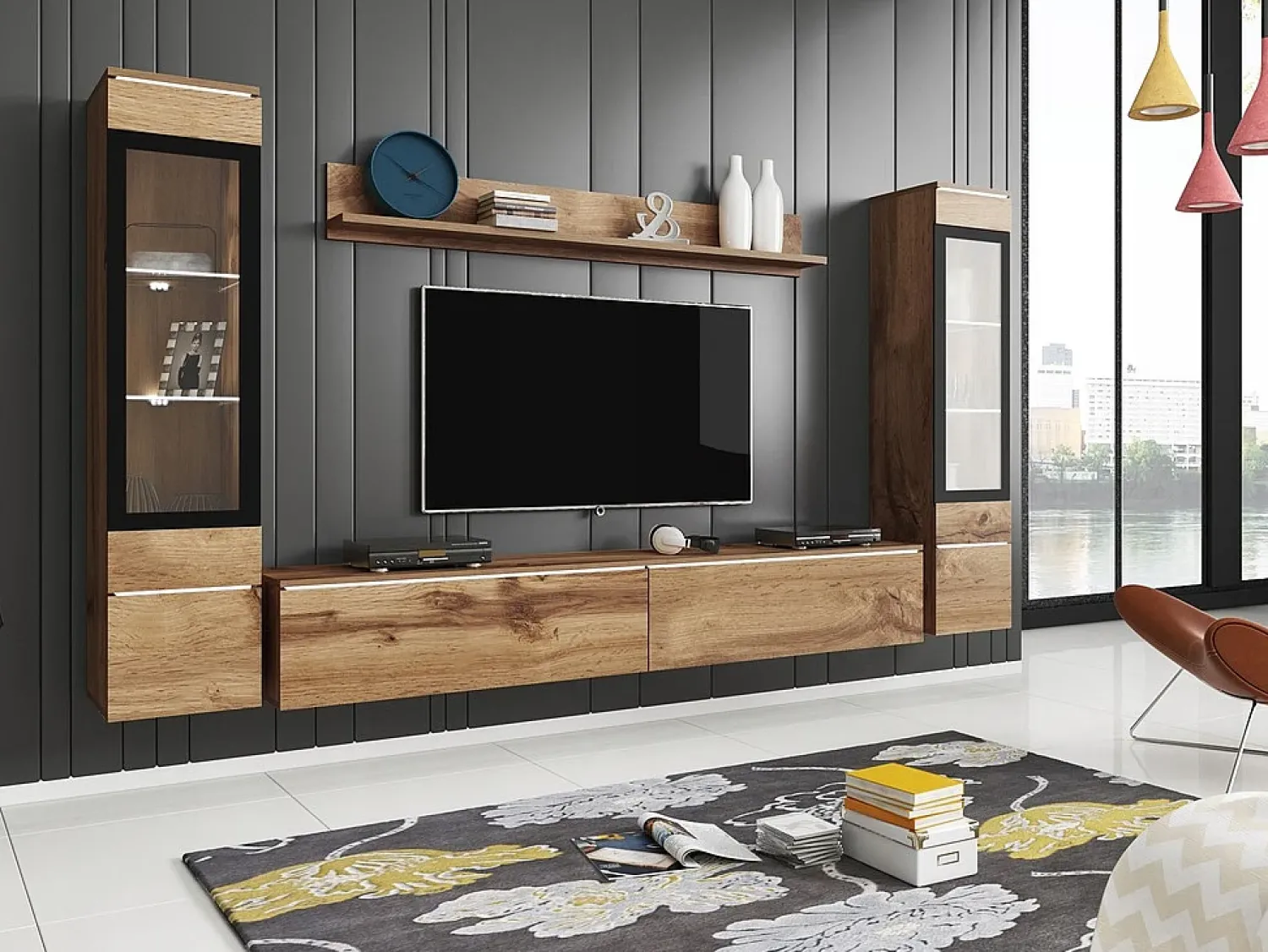 Sale Conjunto de móveis para sala com LED 4 elementos – rack 180 cm, 2 vitrines e prateleira, composição de parede de pé ou suspensa carvalho Wotan Natural escuro