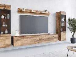 Sale Conjunto de móveis para sala com LED 4 elementos – rack 180 cm, 2 vitrines e prateleira, composição de parede de pé ou suspensa carvalho Wotan Natural escuro