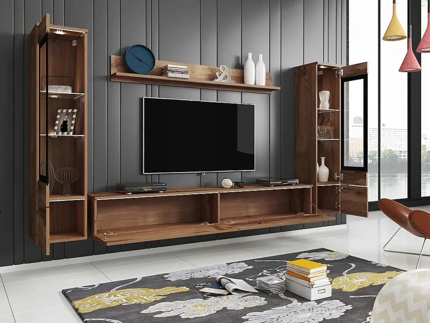 Sale Conjunto de móveis para sala com LED 4 elementos – rack 180 cm, 2 vitrines e prateleira, composição de parede de pé ou suspensa carvalho Wotan Natural escuro