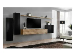 Price Factory Conjunto de móveis para sala SWITCH I design, cor preta e carvalho wotan. Acabamentos com efeito de carvalho fresado.^ Móvel De Tv