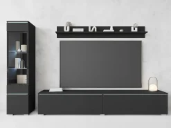Best Conjunto de móveis para sala 3 elementos com LED – rack 180 cm, vitrine e prateleira, fosco Preto