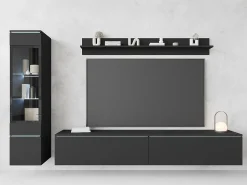 Best Conjunto de móveis para sala 3 elementos com LED – rack 180 cm, vitrine e prateleira, fosco Preto