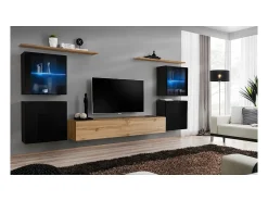 Móvel De Tv|Price Factory Conjunto de móveis para sala de estar mural SWITCH XIV design, cor carvalho Wotan e preto brilhante. Castanho