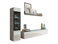 Móvel De Tv* Conjunto de móveis para sala 3 elementos com LED – rack 180 cm, vitrine e prateleira, corpo cimento fosco, frentes branco brilho Cinzento