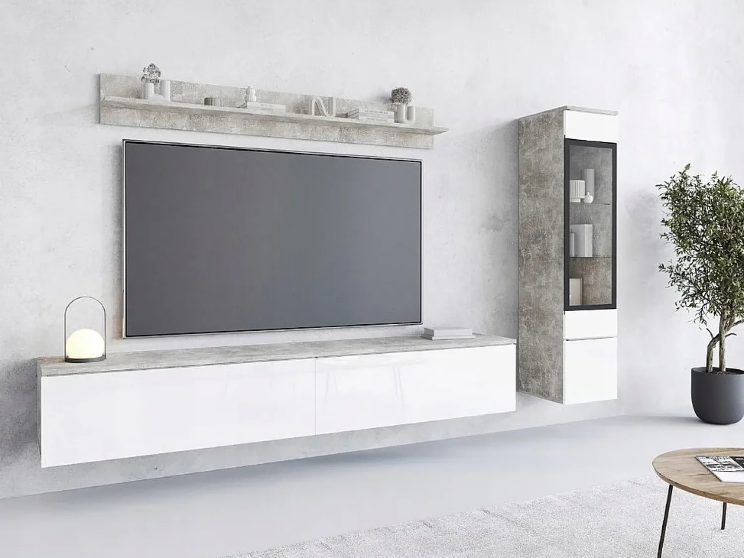 Móvel De Tv* Conjunto de móveis para sala 3 elementos com LED – rack 180 cm, vitrine e prateleira, corpo cimento fosco, frentes branco brilho Cinzento