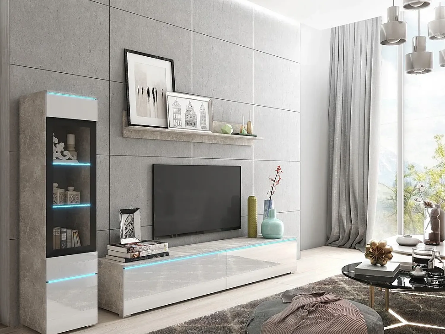 Móvel De Tv* Conjunto de móveis para sala 3 elementos com LED – rack 180 cm, vitrine e prateleira, corpo cimento fosco, frentes branco brilho Cinzento