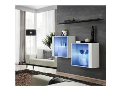 Móvel De Tv*Price Factory Conjunto de móveis para sala de estar SWITCH SBIII, design moderno, na cor brilhante com porta de vidro e sistema de LED integrado, prateleira preta. Branco