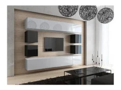 Hot Price Factory Conjunto de móveis para sala de estar e preto suspensos coleção CEPTO XVII 249cm, 10 móveis, com LEDs, moduláveis. Branco
