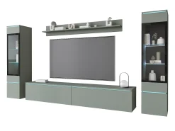 Conjunto de móveis para sala com LED 4 elementos – rack 180 cm, 2 vitrines e prateleira, composição de parede de pé ou suspensa, verde névoa^ Móvel De Tv