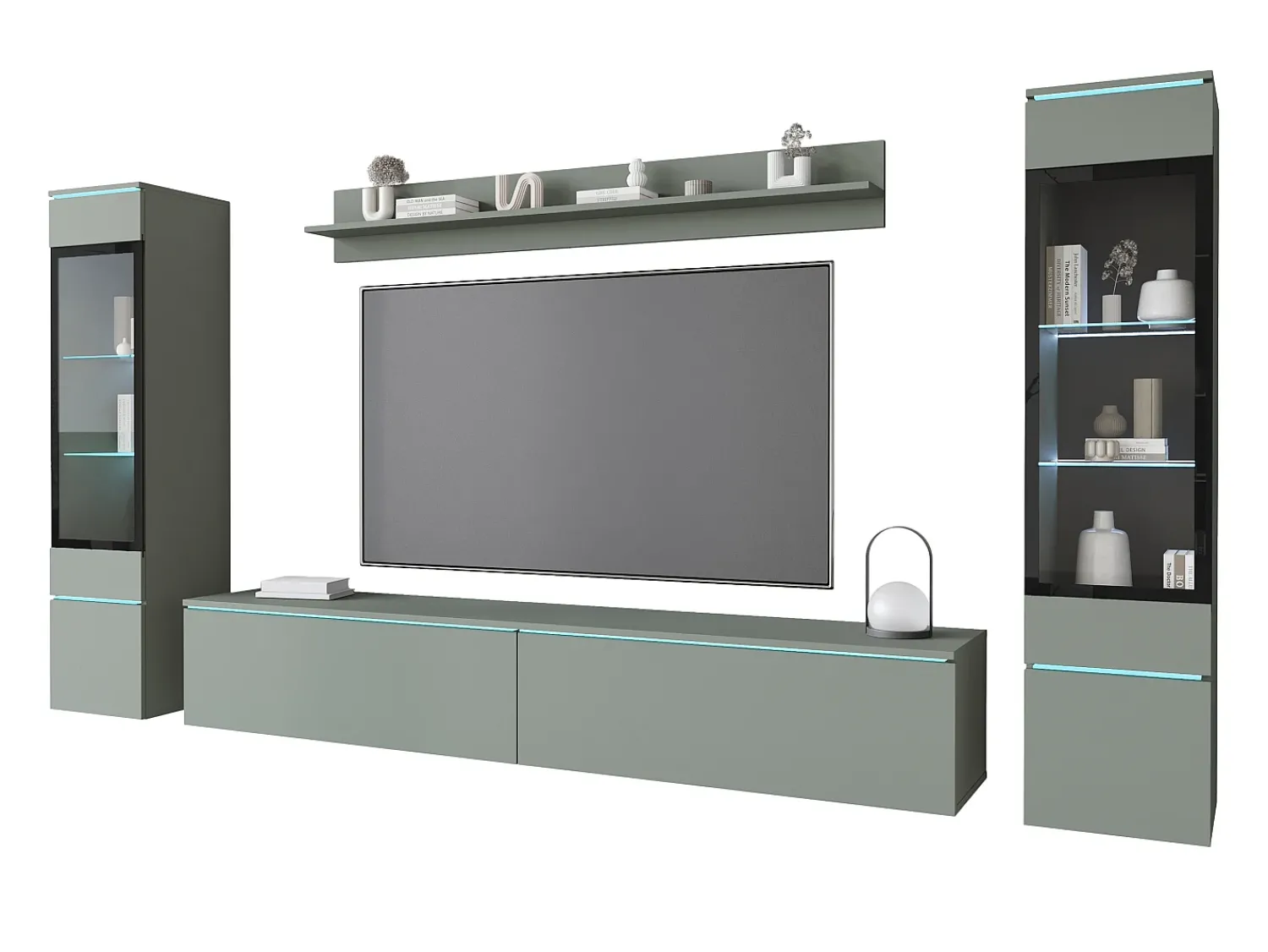Conjunto de móveis para sala com LED 4 elementos – rack 180 cm, 2 vitrines e prateleira, composição de parede de pé ou suspensa, verde névoa^ Móvel De Tv