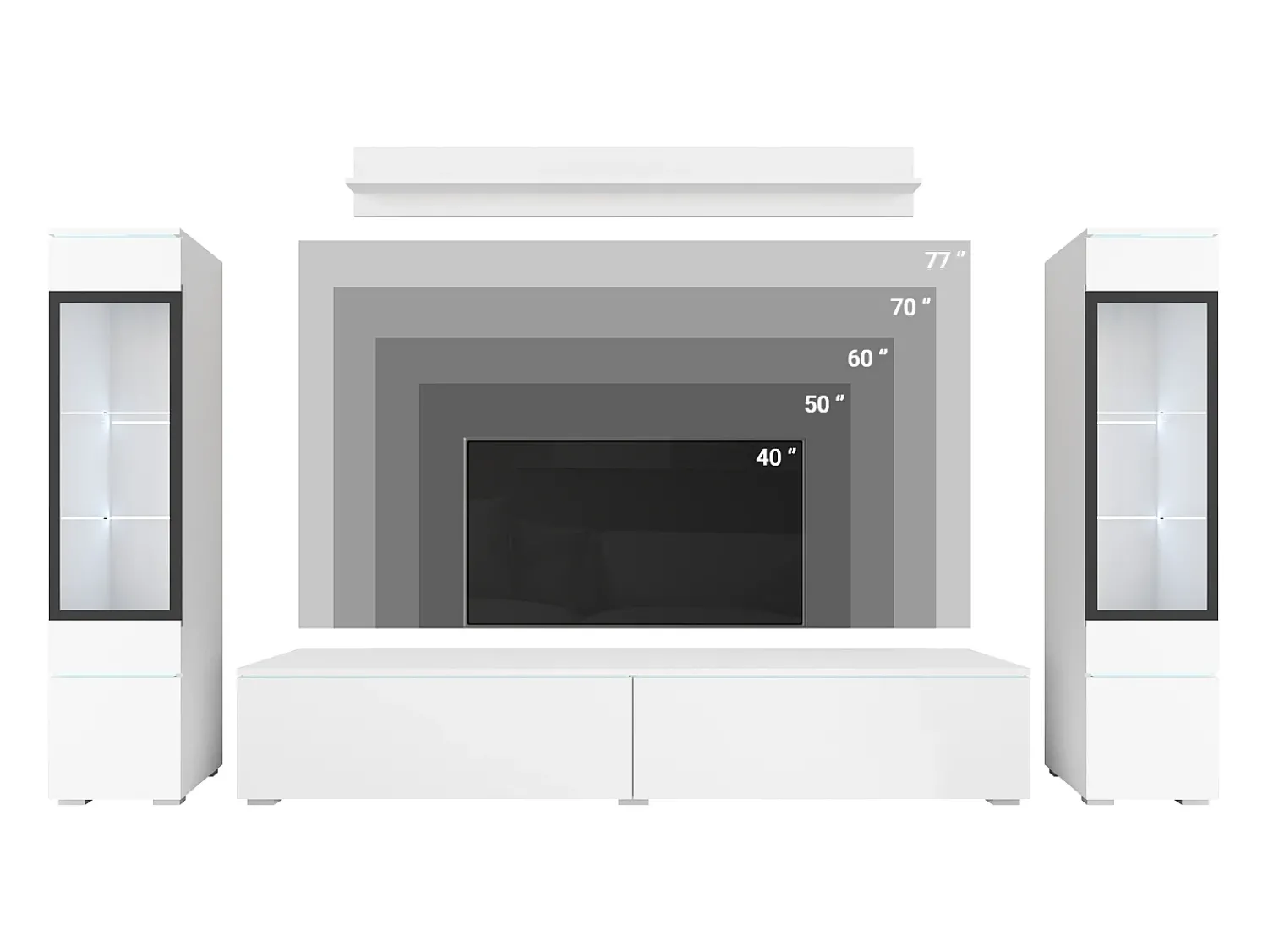 Conjunto de móveis para sala com LED 4 elementos – rack 180 cm, 2 vitrines e prateleira, composição de parede de pé ou suspensa, verde névoa^ Móvel De Tv