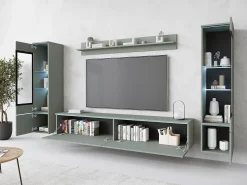 Conjunto de móveis para sala com LED 4 elementos – rack 180 cm, 2 vitrines e prateleira, composição de parede de pé ou suspensa, verde névoa^ Móvel De Tv