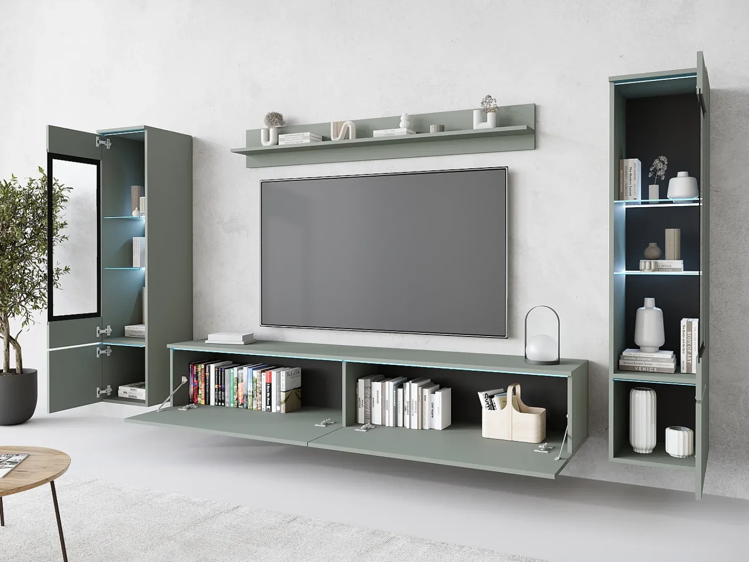Conjunto de móveis para sala com LED 4 elementos – rack 180 cm, 2 vitrines e prateleira, composição de parede de pé ou suspensa, verde névoa^ Móvel De Tv