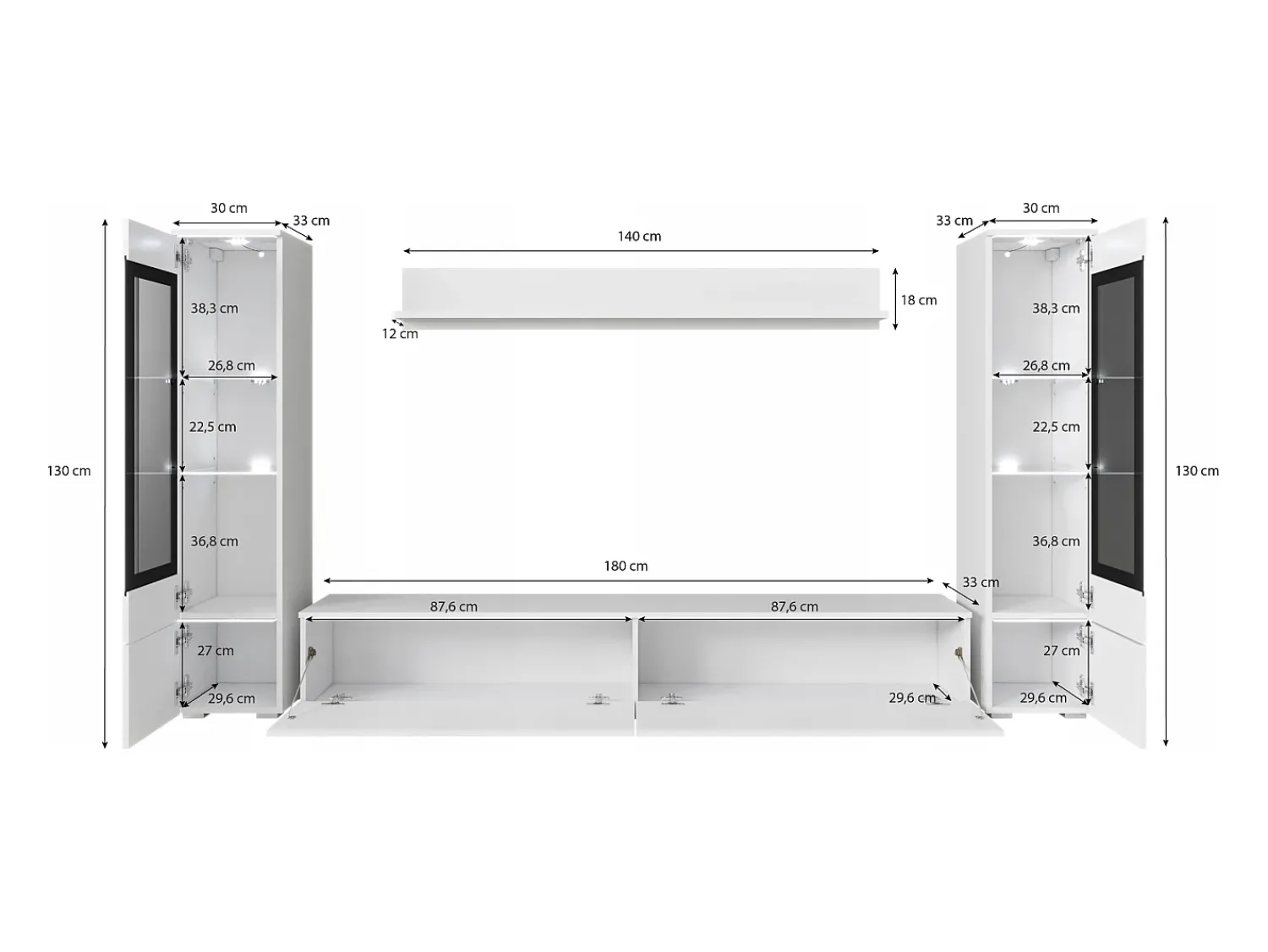Conjunto de móveis para sala com LED 4 elementos – rack 180 cm, 2 vitrines e prateleira, composição de parede de pé ou suspensa, verde névoa^ Móvel De Tv