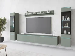 Conjunto de móveis para sala com LED 4 elementos – rack 180 cm, 2 vitrines e prateleira, composição de parede de pé ou suspensa, verde névoa^ Móvel De Tv