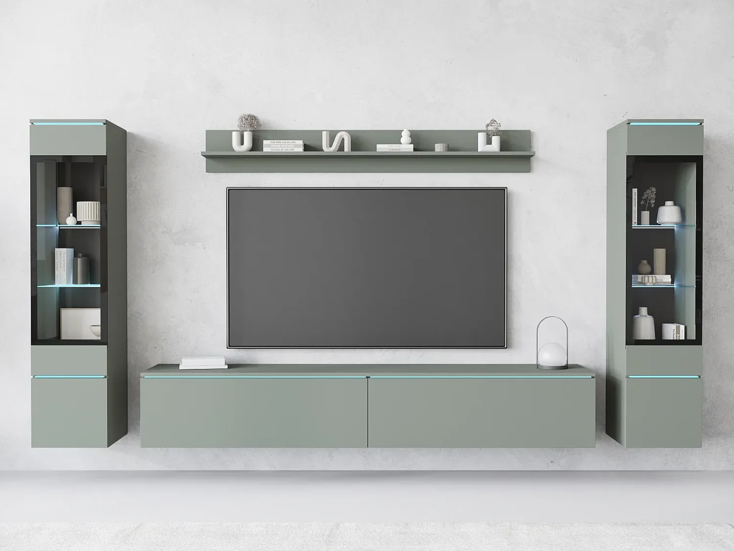 Conjunto de móveis para sala com LED 4 elementos – rack 180 cm, 2 vitrines e prateleira, composição de parede de pé ou suspensa, verde névoa^ Móvel De Tv