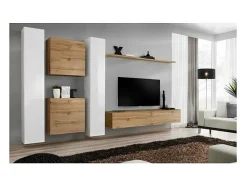 New Price Factory Conjunto de móveis para sala de estar mural SWITCH VI design, na cor carvalho Wotan e branco brilhante. Castanho