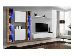 Móvel De Tv|Price Factory Conjunto de móveis para sala de estar SWITCH XVI, design de parede, na cor brilhante e carvalho Wotan. Branco