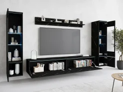 Best Conjunto de móveis para sala com LED 4 elementos – rack 180 cm, 2 vitrines e prateleira, composição de parede de pé ou suspensa, mármore fosco Multicor