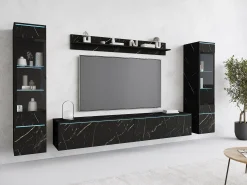Best Conjunto de móveis para sala com LED 4 elementos – rack 180 cm, 2 vitrines e prateleira, composição de parede de pé ou suspensa, mármore fosco Multicor