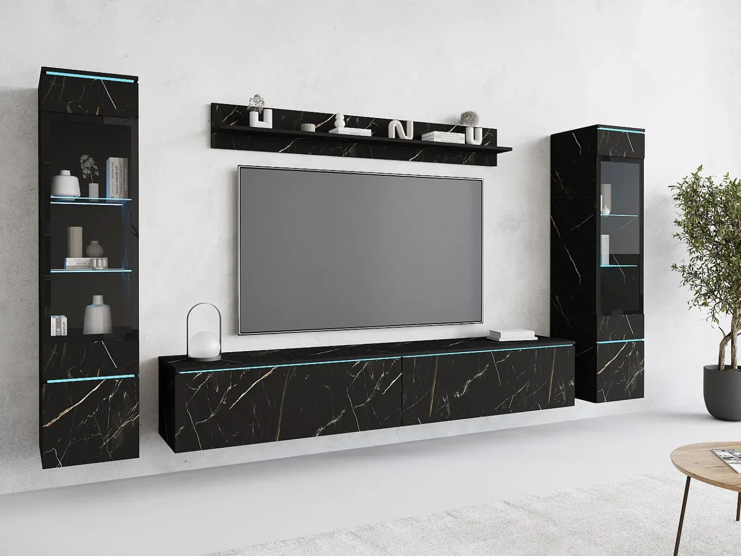 Best Conjunto de móveis para sala com LED 4 elementos – rack 180 cm, 2 vitrines e prateleira, composição de parede de pé ou suspensa, mármore fosco Multicor
