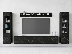 Best Conjunto de móveis para sala com LED 4 elementos – rack 180 cm, 2 vitrines e prateleira, composição de parede de pé ou suspensa, mármore fosco Multicor