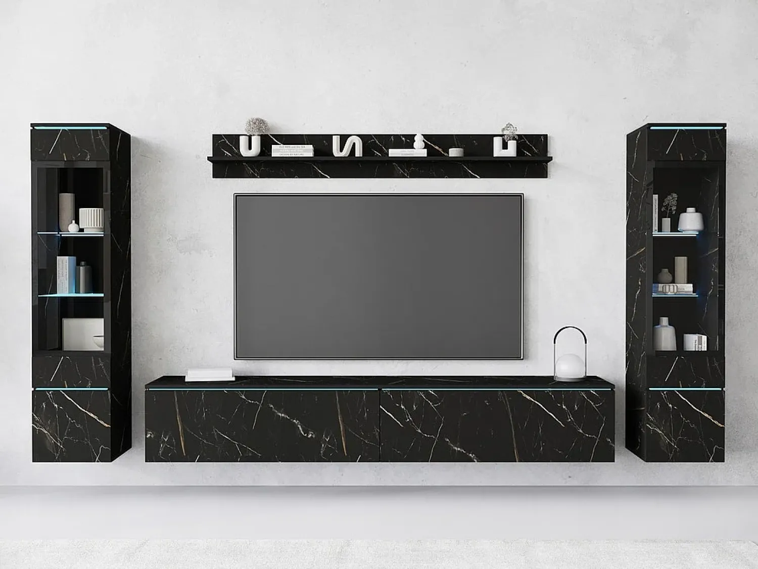 Best Conjunto de móveis para sala com LED 4 elementos – rack 180 cm, 2 vitrines e prateleira, composição de parede de pé ou suspensa, mármore fosco Multicor