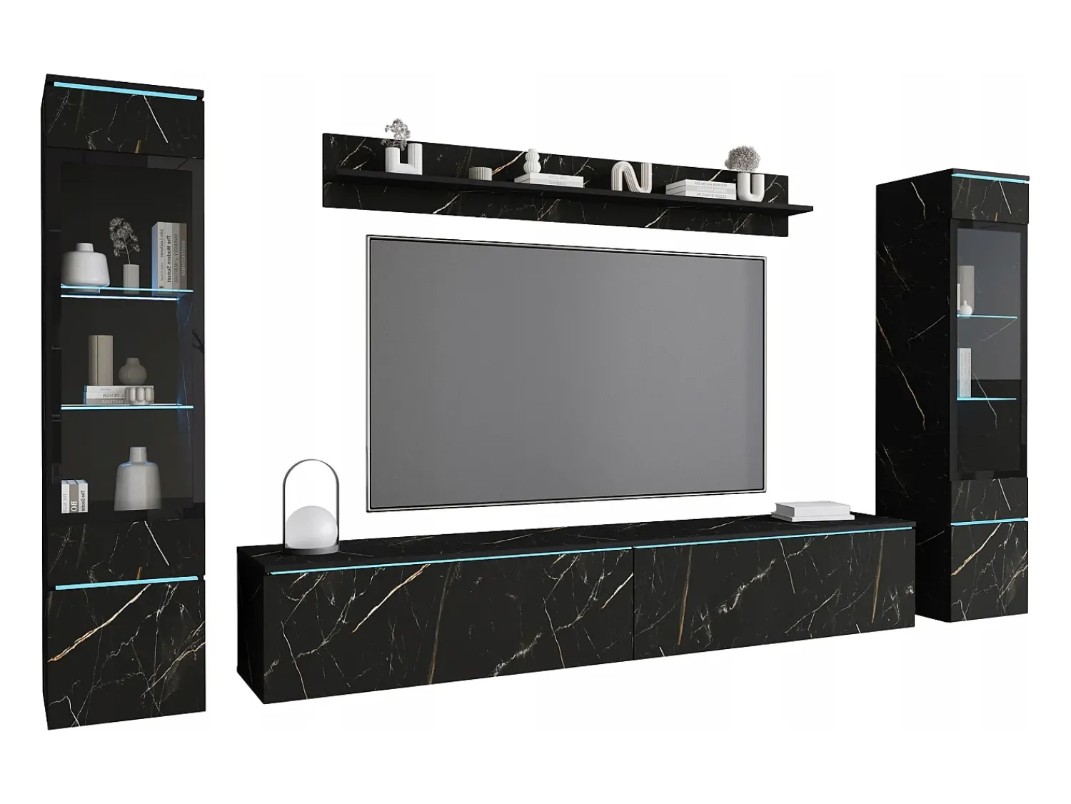 Best Conjunto de móveis para sala com LED 4 elementos – rack 180 cm, 2 vitrines e prateleira, composição de parede de pé ou suspensa, mármore fosco Multicor