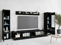 Best Conjunto de móveis para sala com LED 4 elementos – rack 180 cm, 2 vitrines e prateleira, composição de parede de pé ou suspensa, mármore fosco Multicor