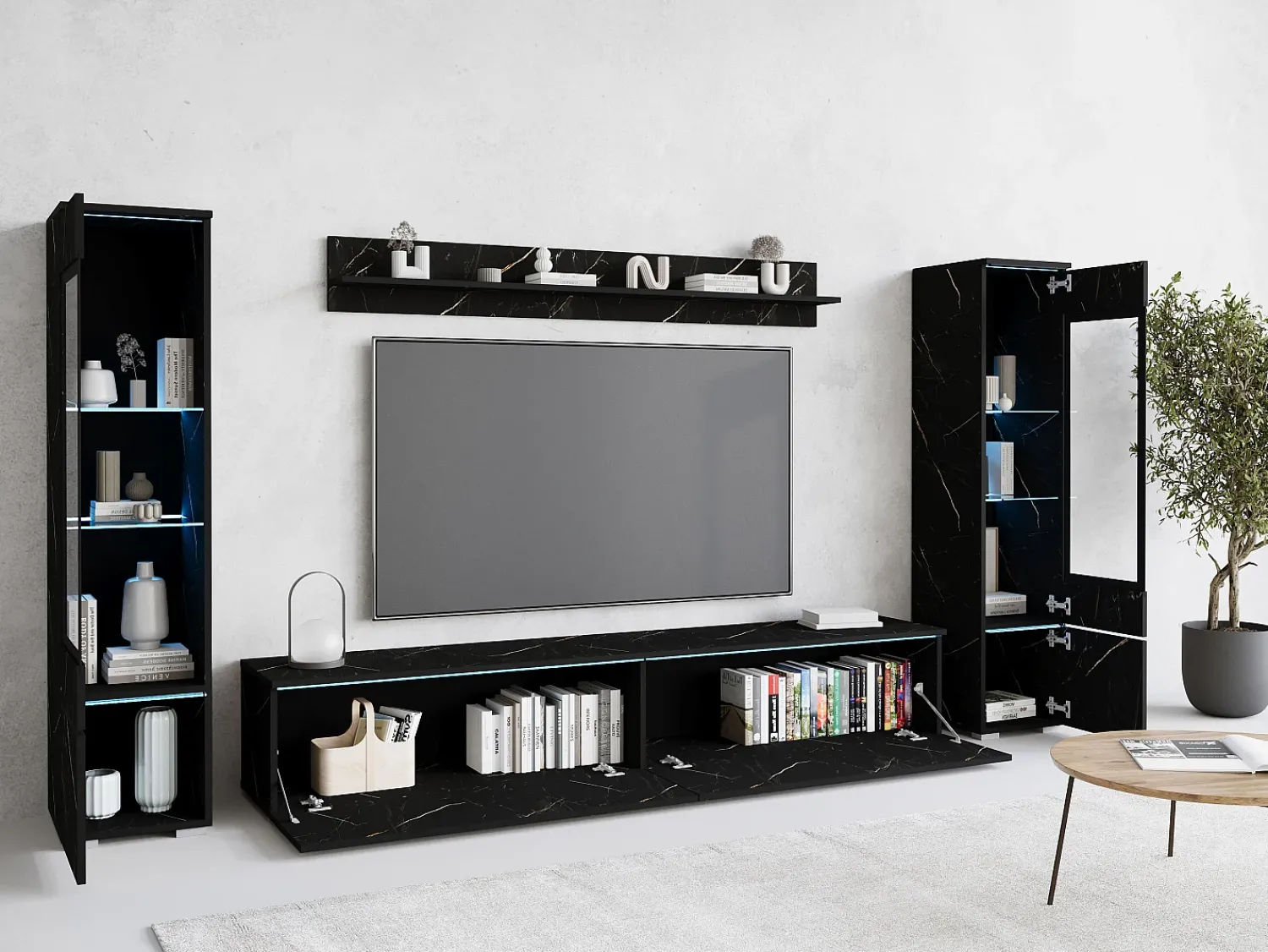 Best Conjunto de móveis para sala com LED 4 elementos – rack 180 cm, 2 vitrines e prateleira, composição de parede de pé ou suspensa, mármore fosco Multicor