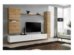 Price Factory Conjunto de móveis para sala de estar SWITCH VIII. Móvel de TV de parede, design moderno, nas cores brilhante e carvalho Wotan. Branco