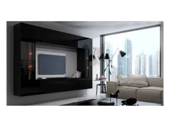 Price Factory Conjunto de móveis para sala de estar na cor preta, coleção CEPTO XXVIII, suspensos. 249cm, 8 móveis, com LEDs, moduláveis. Preto