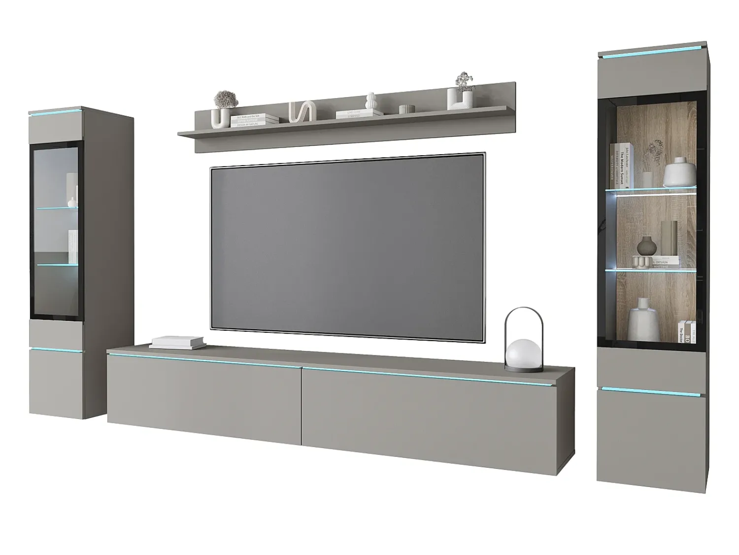 Conjunto de móveis para sala com LED 4 elementos – rack 180 cm, 2 vitrines e prateleira, composição de parede de pé ou suspensa, cinza Pallad^ Móvel De Tv