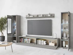 Conjunto de móveis para sala com LED 4 elementos – rack 180 cm, 2 vitrines e prateleira, composição de parede de pé ou suspensa, cinza Pallad^ Móvel De Tv