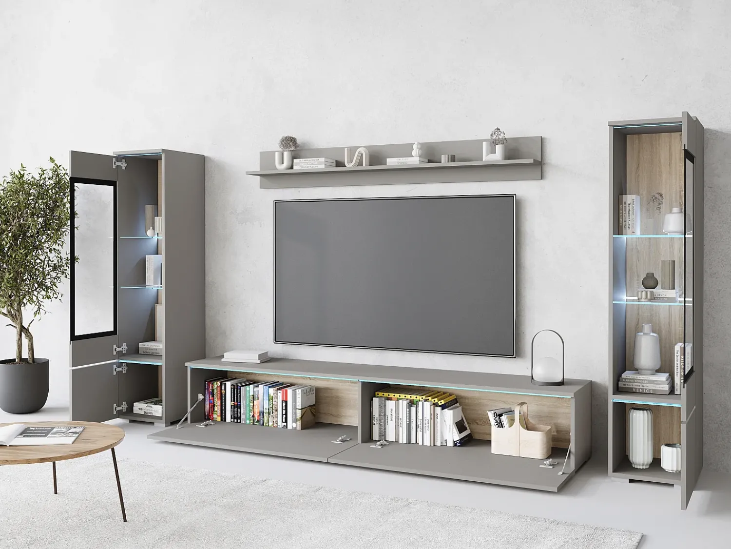 Conjunto de móveis para sala com LED 4 elementos – rack 180 cm, 2 vitrines e prateleira, composição de parede de pé ou suspensa, cinza Pallad^ Móvel De Tv
