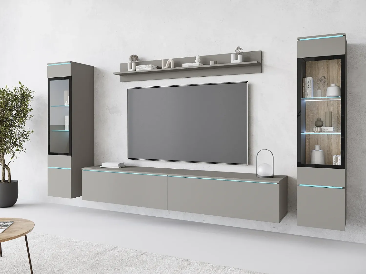 Conjunto de móveis para sala com LED 4 elementos – rack 180 cm, 2 vitrines e prateleira, composição de parede de pé ou suspensa, cinza Pallad^ Móvel De Tv