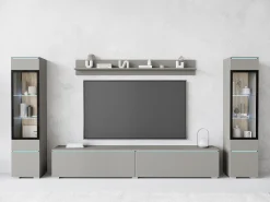 Conjunto de móveis para sala com LED 4 elementos – rack 180 cm, 2 vitrines e prateleira, composição de parede de pé ou suspensa, cinza Pallad^ Móvel De Tv