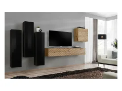 Móvel De Tv*Price Factory Conjunto de móveis para sala SWITCH III design, nas cores e carvalho. Acabamentos brilhantes e efeito de carvalho fresado. Preto