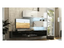 Móvel De Tv*Price Factory Conjunto de móveis para sala de estar e preto, suspensos, coleção CEPTO XXV. 249cm, 6 móveis, com LEDs, modulares. Branco