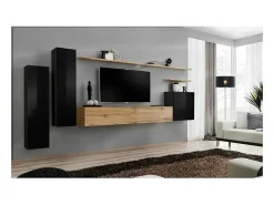 Price Factory Conjunto de móveis para sala SWITCH I design, cor preto brilhante e carvalho Wotan.^ Móvel De Tv