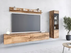 Móvel De Tv| Conjunto de móveis para sala 3 elementos com LED – rack 180 cm, vitrine e prateleira, carvalho Wotan Natural escuro