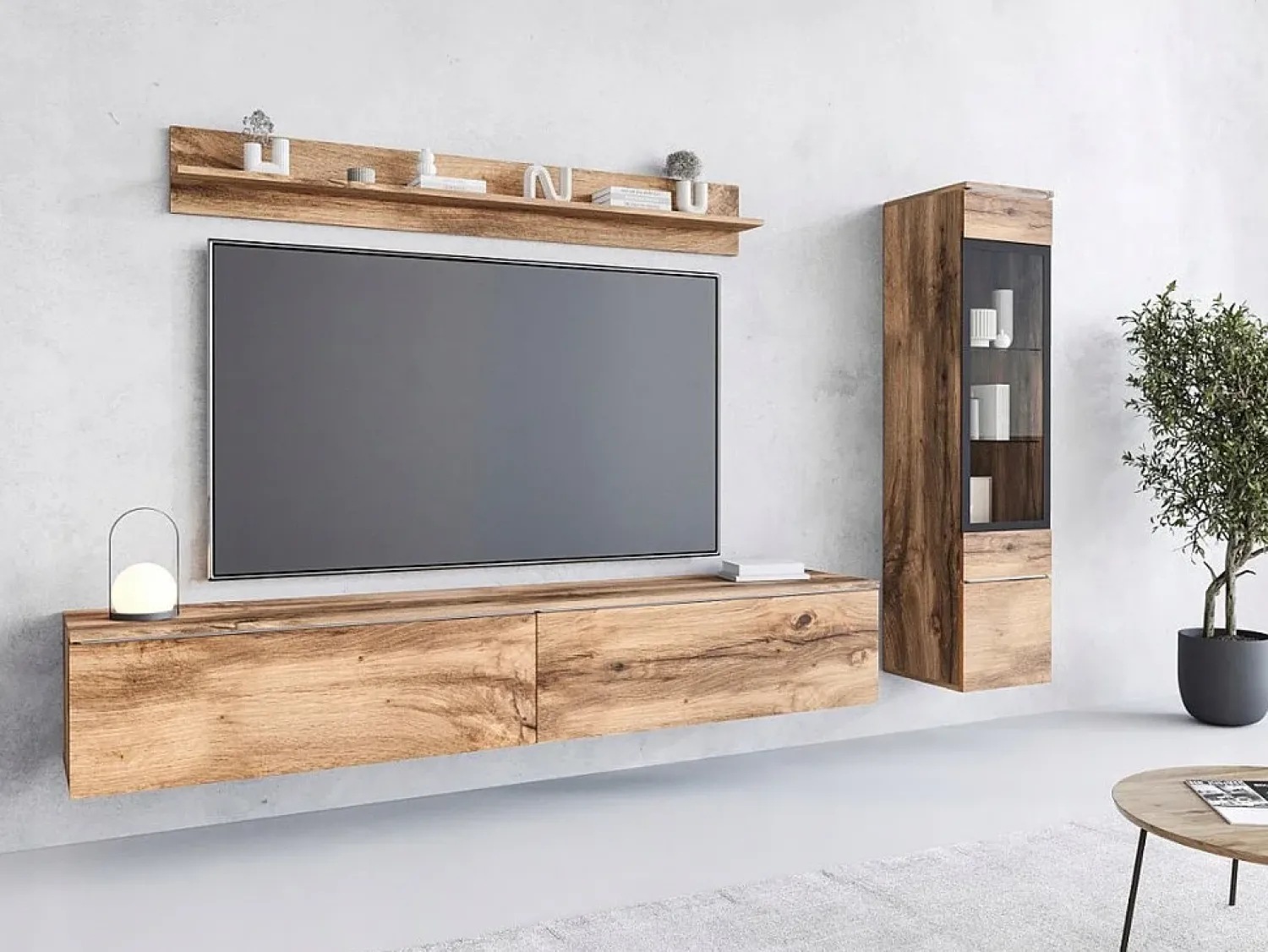 Móvel De Tv| Conjunto de móveis para sala 3 elementos com LED – rack 180 cm, vitrine e prateleira, carvalho Wotan Natural escuro