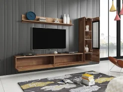 Móvel De Tv| Conjunto de móveis para sala 3 elementos com LED – rack 180 cm, vitrine e prateleira, carvalho Wotan Natural escuro